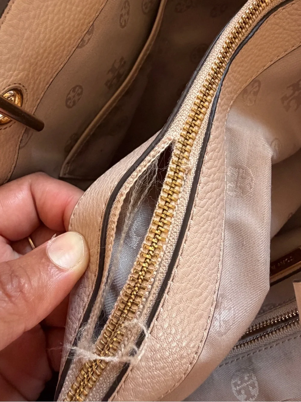 Tory Burch Blush Taupe Pebbled Leather Tote with Gold Logo